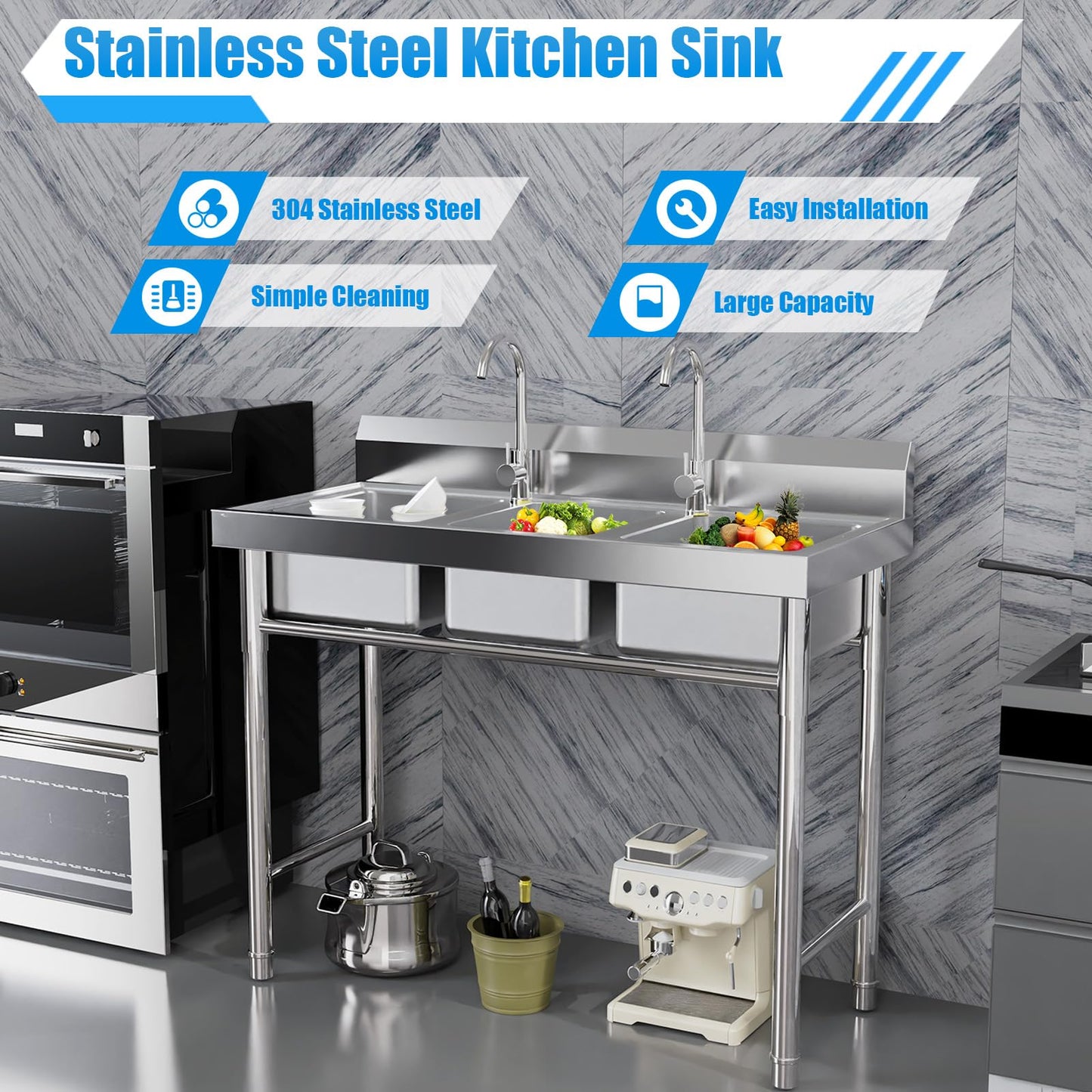 YUASDUU 3 Compartment Sink, 304 Stainless Steel Utility Sink Freestanding Kitchen Sinks Commercial Sinks with 2 Faucet & Cold and Hot Water Pipe Suitable for Food Truck Restaurant, 39'' × 18'' × 36''