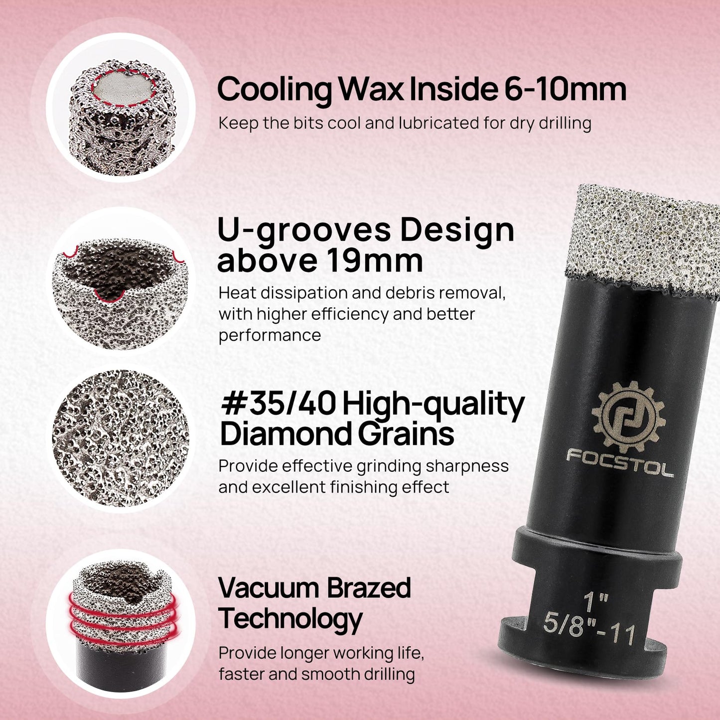 Diamond Core Drill Bit Set - FOCSTOL 10pcs (6/8/10/25/35/51/65mm+10mm Finger Bit+50mm Beveling Chamfer Bit+SDS Adapter) Diamond Hole Saw Kit for Porcelain Ceramic Tile Marble Granite