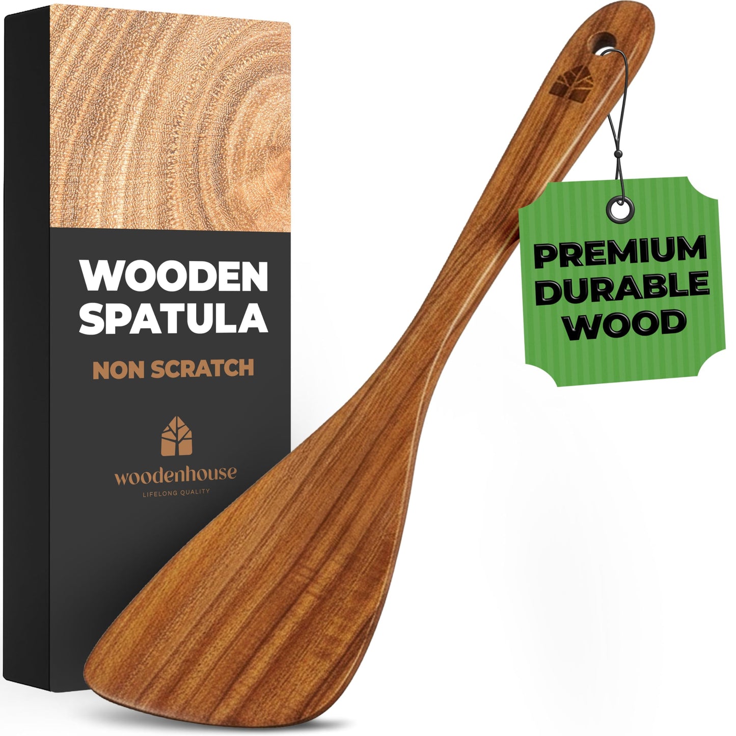 Wooden Spatula for Cooking, 12 Inch - Easy to Clean, Long-Lasting & Sturdy Natural Acacia Wood Spatula for Cooking - Wooden Spatulas with Comfortable Handle, Perfect for Flipping, Turning & Frying