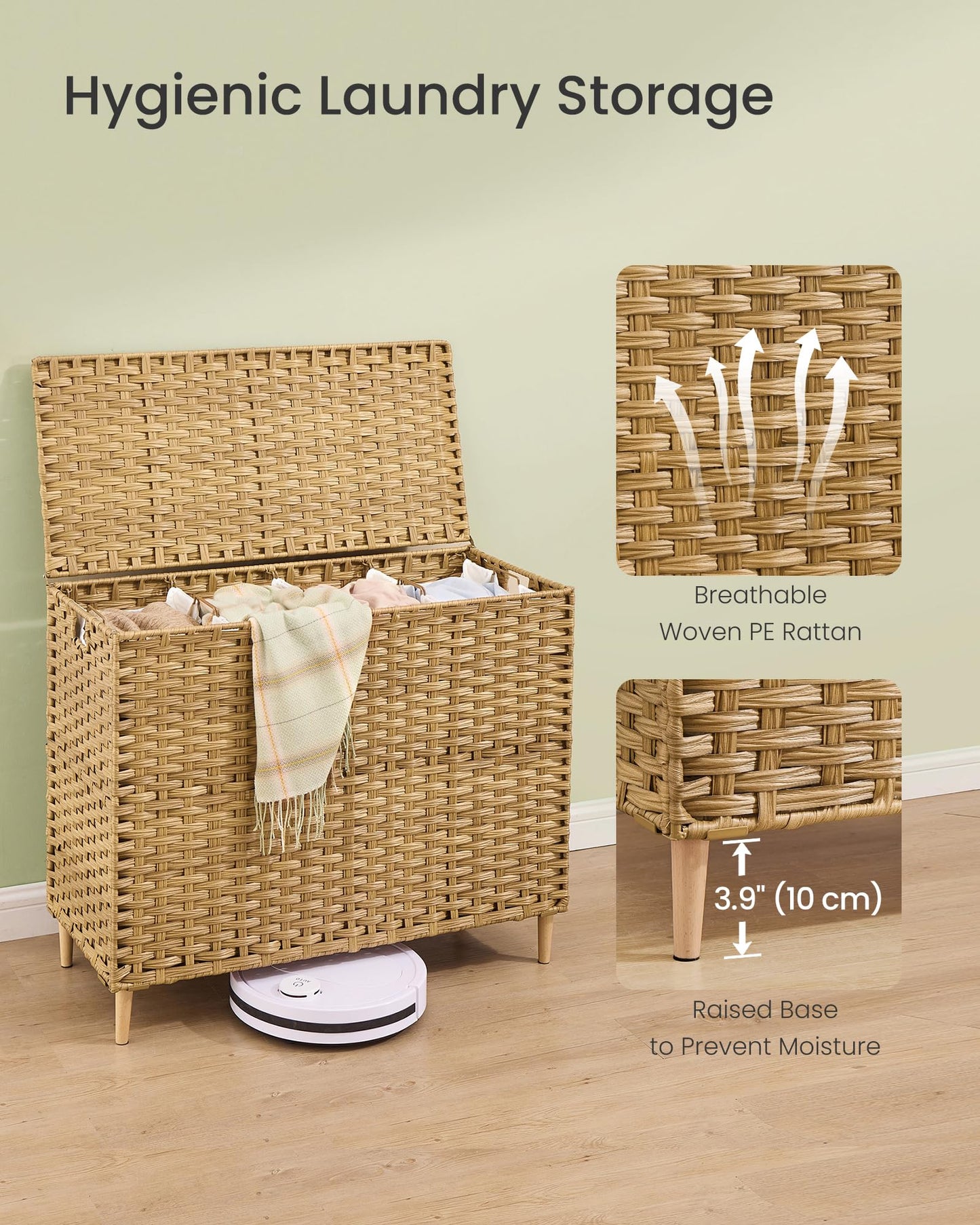SONGMICS 4-Section Laundry Hamper with Lid, 55.4 Gal (210L) PE Rattan Laundry Basket with Removable Washable Liners, for Bedroom & Living Room, Goose Yellow ULCB224YE01
