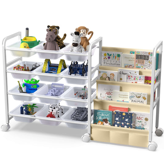 WGOHOSE Kids Toy Storage Organizer with Bookshelf & Fabric Book Sling, 12 Bins, Rolling Wheels, Metal Frame Toy Bin Shelf, Toy Box Organizer for Playroom Bedroom Nursery, White