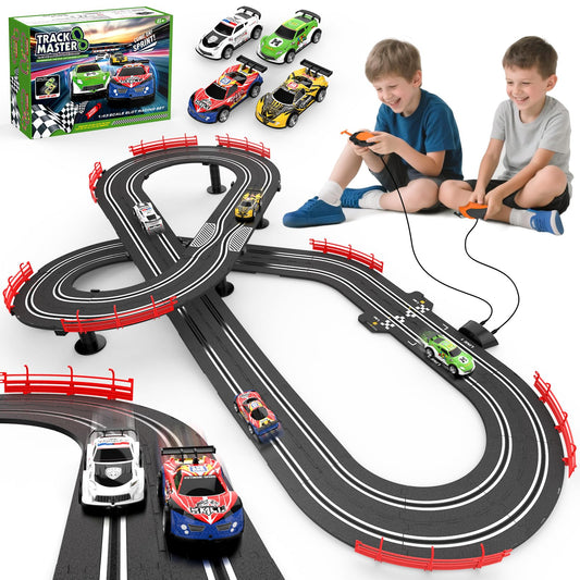 3-in-1 Slot Car Race Track Sets with 4 High-Speed Cars, Electric Track, Dual Racing Game with Lap Counter & 2 Controllers, and Circular Overpass Design – Toy Gift for Boys Kids Ages 4-6 6-8 8-12