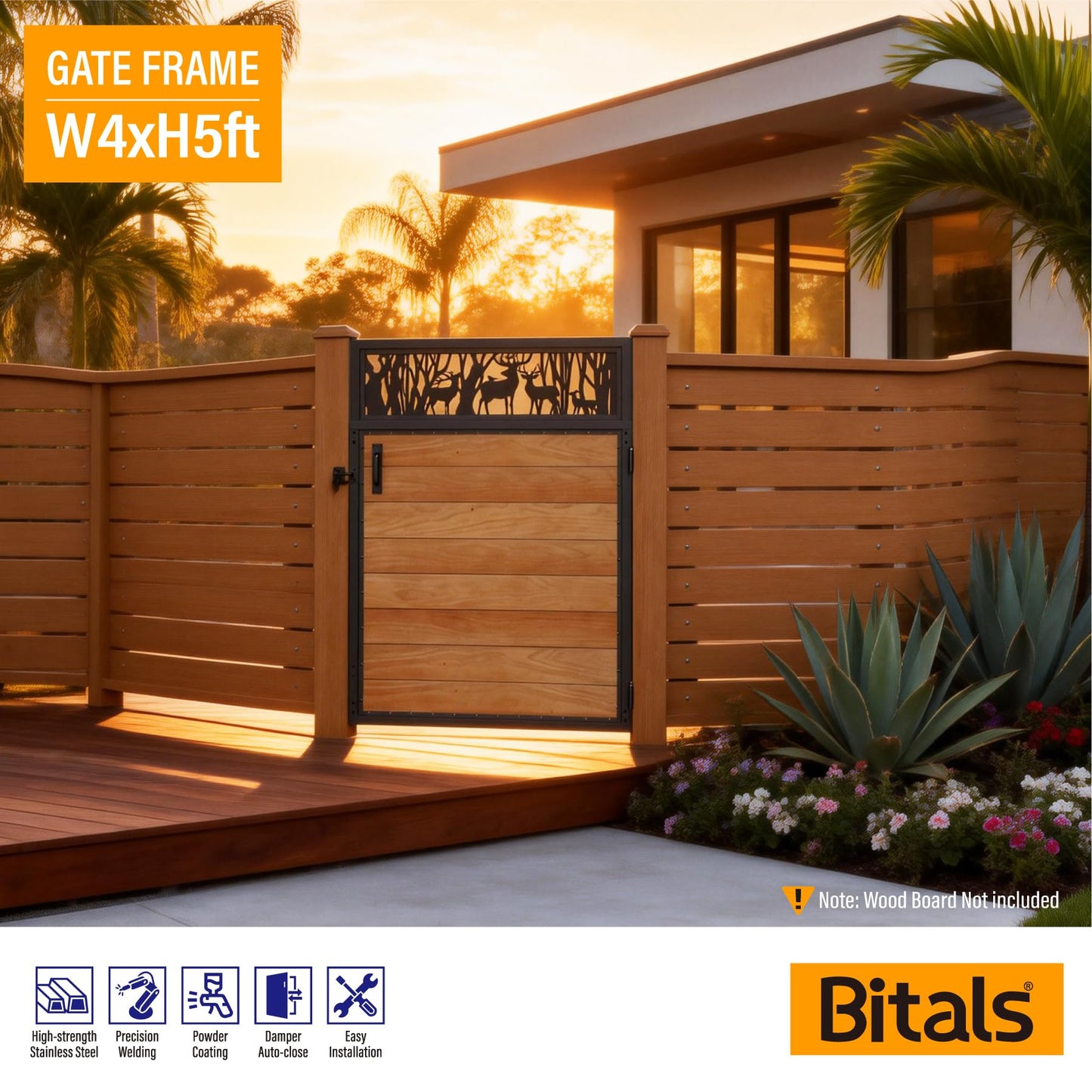Bitals 4x5FT Fence Gate Frame Kit 201 Stainless Steel Anti-Sag Heavy Duty Garden Gate Reinforcement Hardware, Left/Right Mount (No Panels Included)(46.78"W x 59.0"H)