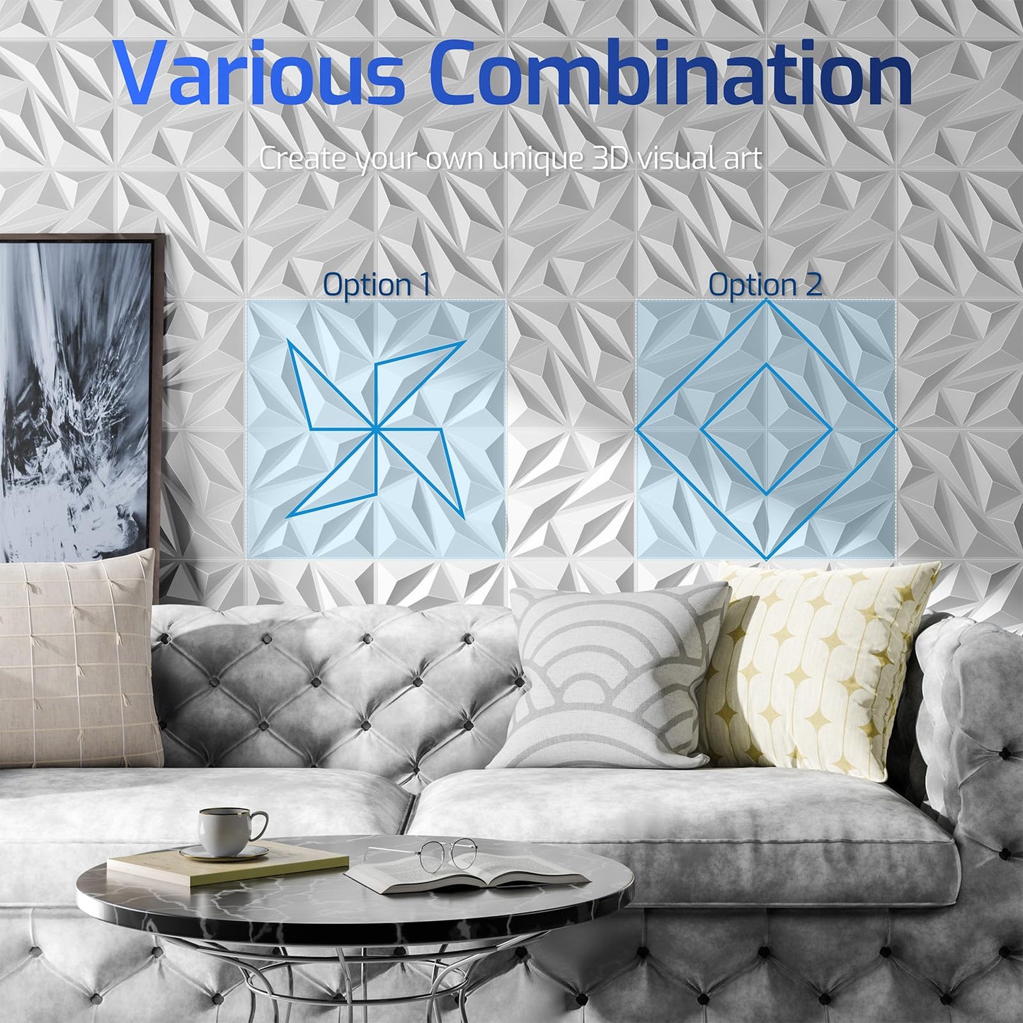 ZELMINE 3D Wall Panels White 16 Pack (Covers 15.5 Sq.Ft), 12" x 12" Diamond Texture Premium PVC Wall Tiles for Interior Decor, Waterproof & Paintable Accent Paneling for Gaming Room, Living Room