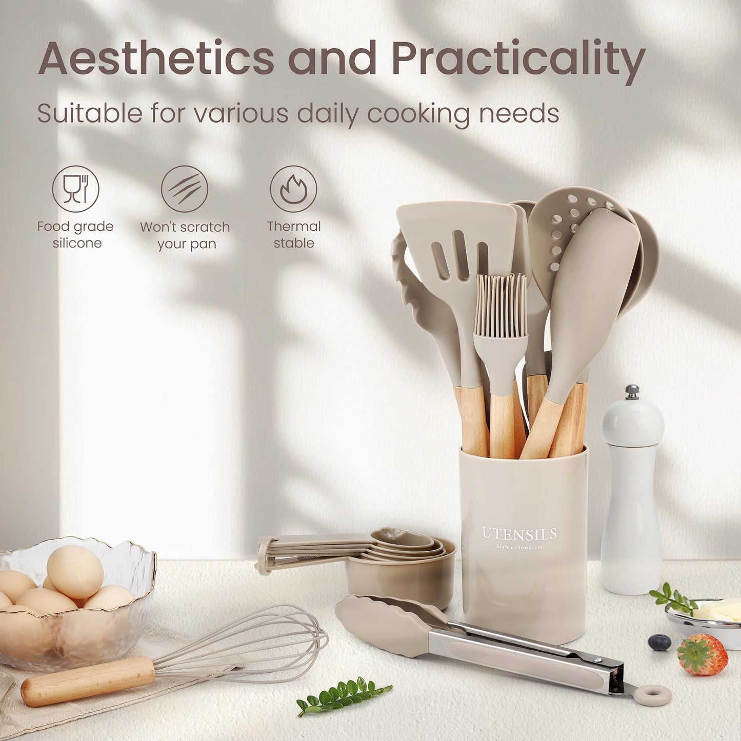 26 Pcs Silicone Cooking Utensils Set with Holder, NCUE BPA Free Kitchen Utensils Set for Cooking, 446°F Spatulas Silicone Heat Resistant Wooden Handle Spoon Tongs Non-stick Kitchen Gadgets (Khaki)