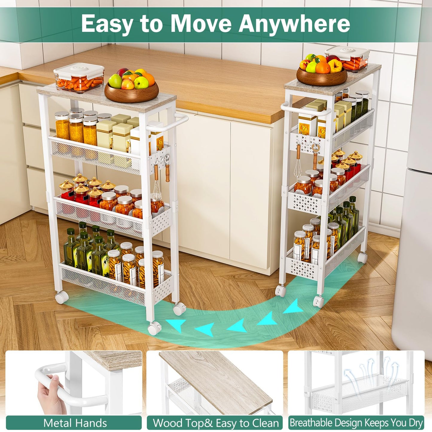 Vivihomety Utility Slim Storage Cart, 4 Tier Small Rolling Kitchen Laundry Room Cart with Wood Top, Metal Bathroom Storage Cabinet Mobile Shelf Unit Organizer Trolley with Handle for Narrow Space