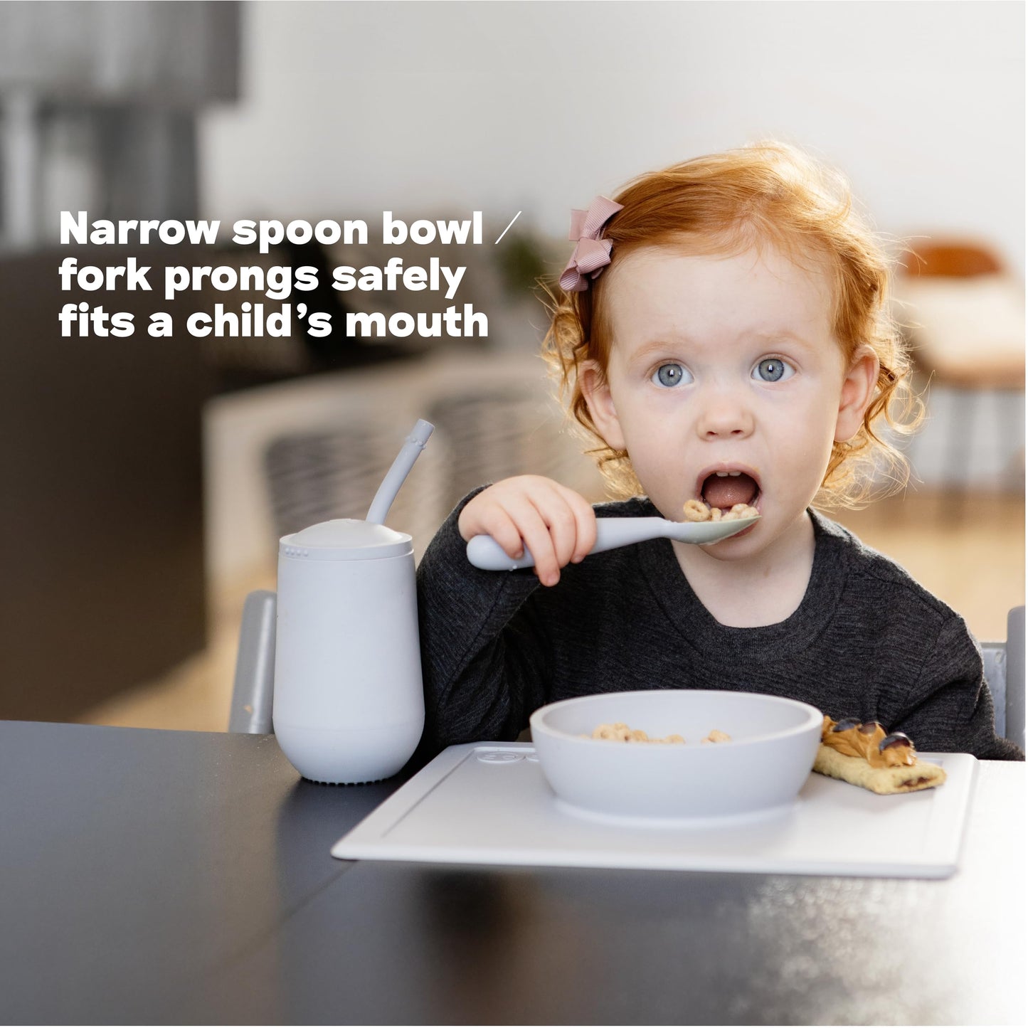 ezpz Happy Utensils (Sage) - 24 Months+ - BPA Free Toddler Utensils - Fork, Spoon and Knife for Toddlers and Preschoolers - Kids for Self-Feeding Development