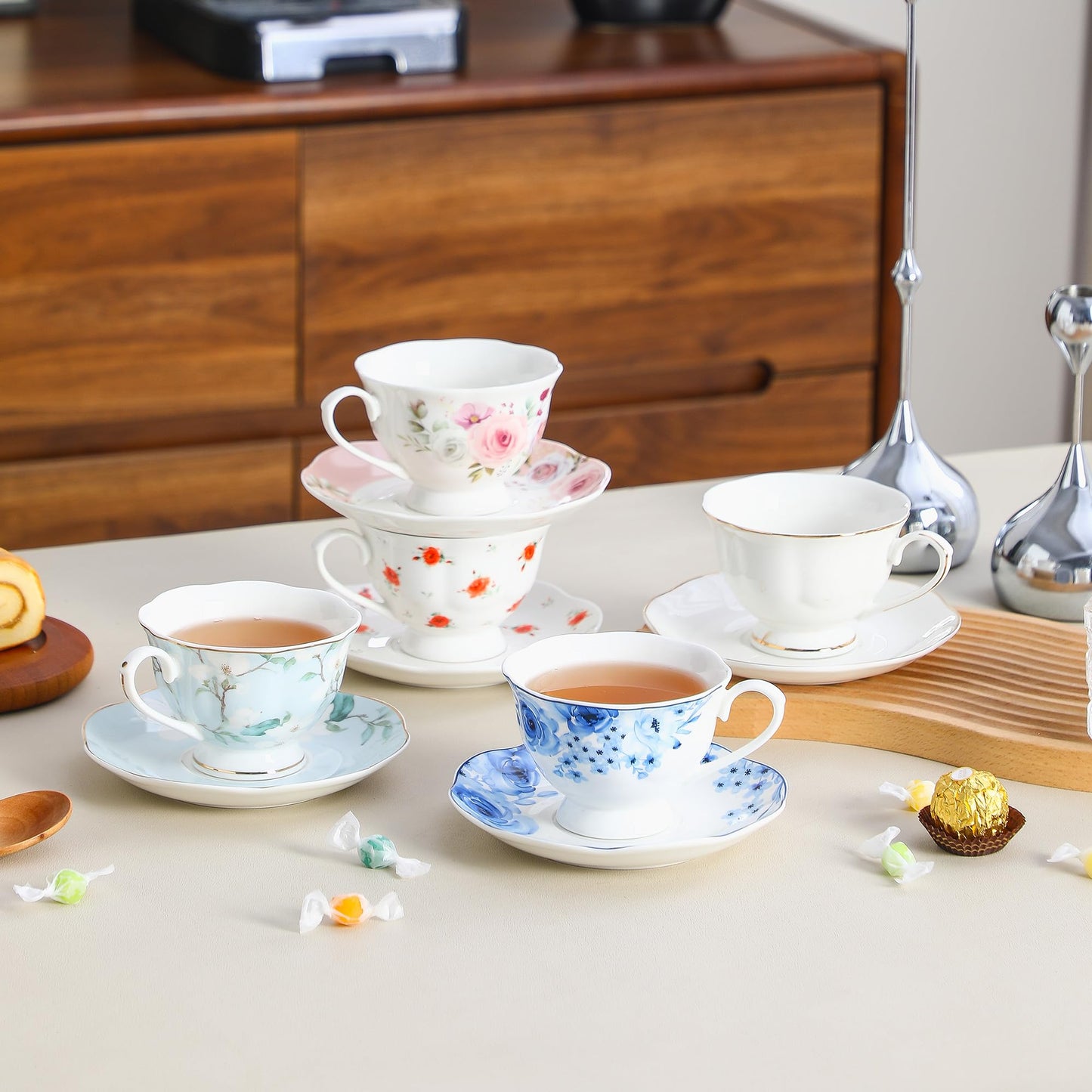 PRECITIME Floral Porcelain Tea Cup Set of 6 (12-Piece), 6 Cups & 6 Saucers with Rose Pattern, 6oz Scalloped Edge Coffee Cups, Dishwasher & Microwave Safe, Elegant Gift