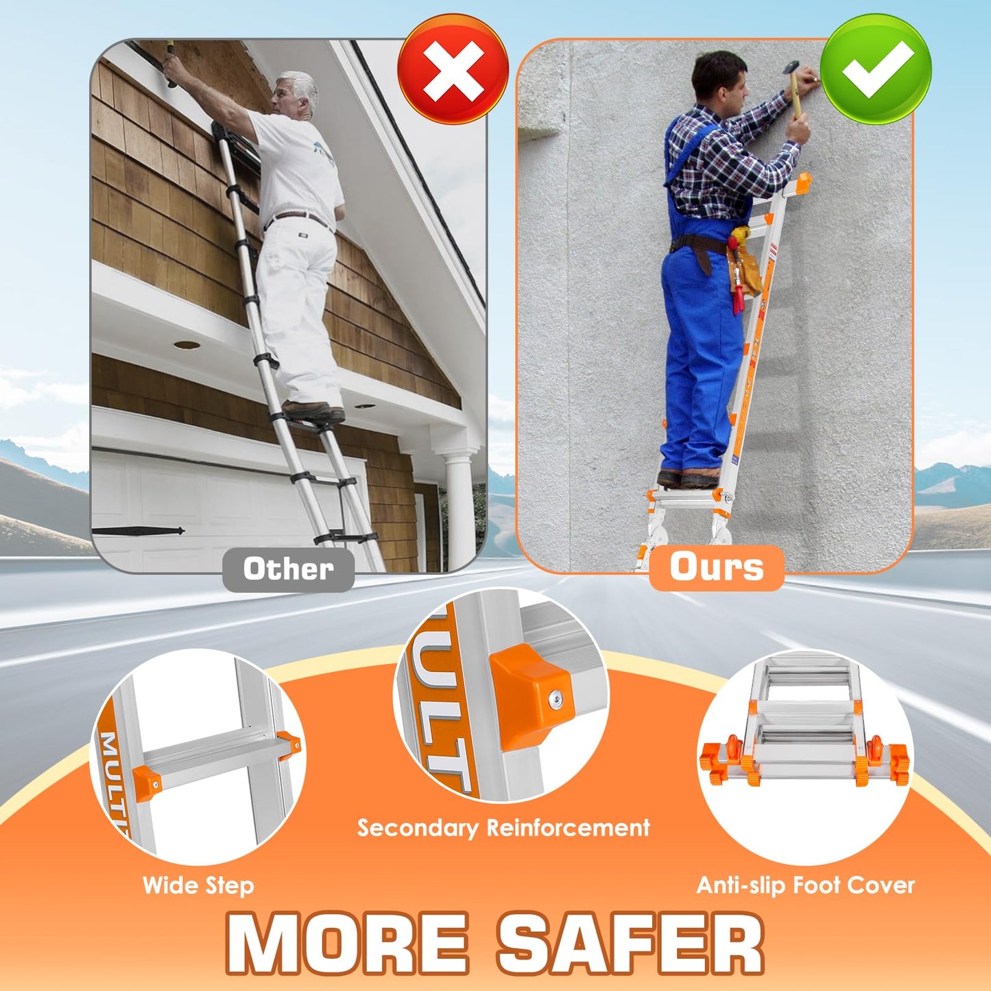 LEVELEVE A Frame 6 Step Ladder, 20FT Extension Ladder with Stabilizer Bar & Wheels,330 lbs Security Load Multi Position Ladder for Stairs Home Indoor Outdoor Roof