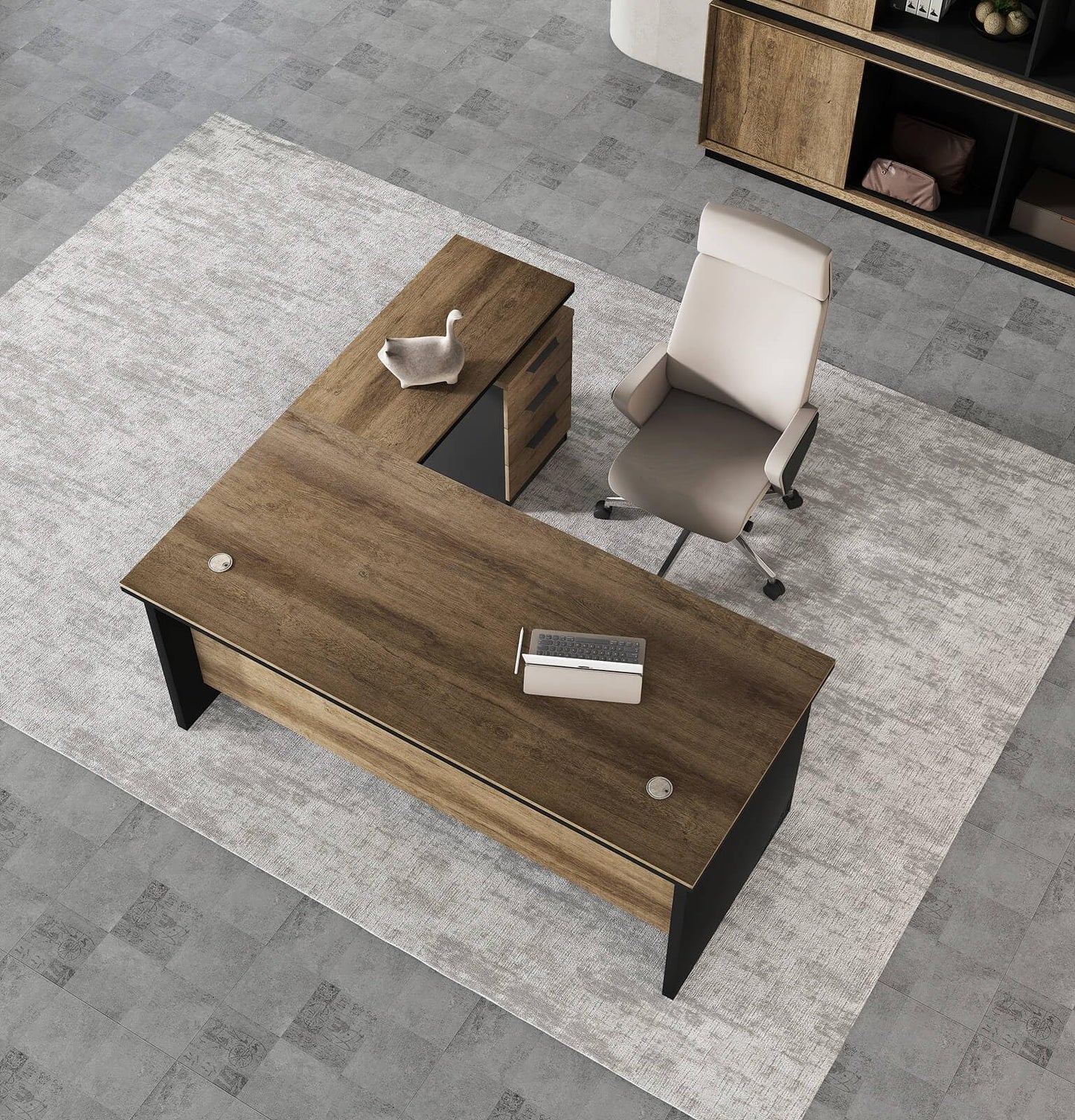 63 Inch L-Shaped Executive Desk Set of 4, Industrial Modern Wood Office Desk with 3 Drawers, Built-in Cable Management & Power Outlet, Real Wood Finish, Reversible Left/Right Return Home Workstation