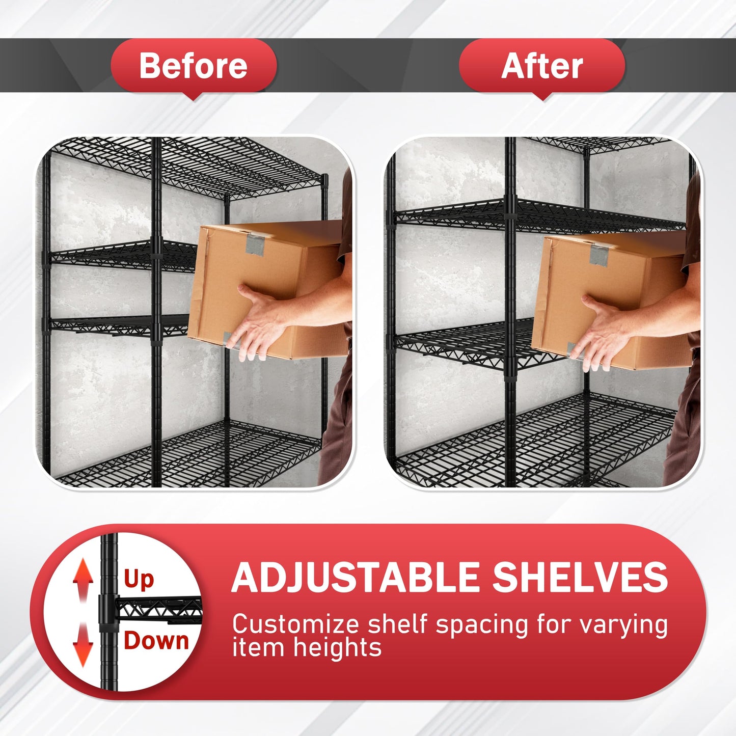 MUPATER 48" W x 24" D x 72" H Metal Wire Rack Shelving with Wheels, 3000lbs 5-Tier Rolling Storage Shelves, Adjustable Height, Heavy Duty Pantry Shelves for Garage, Kitchen, Laundry, Commercial, Black