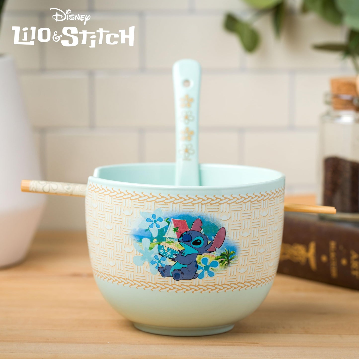 Silver Buffalo Disney Lilo and Stitch Tropical Ceramic Ramen Bowl with Chopsticks and Spoon, 20 Ounces