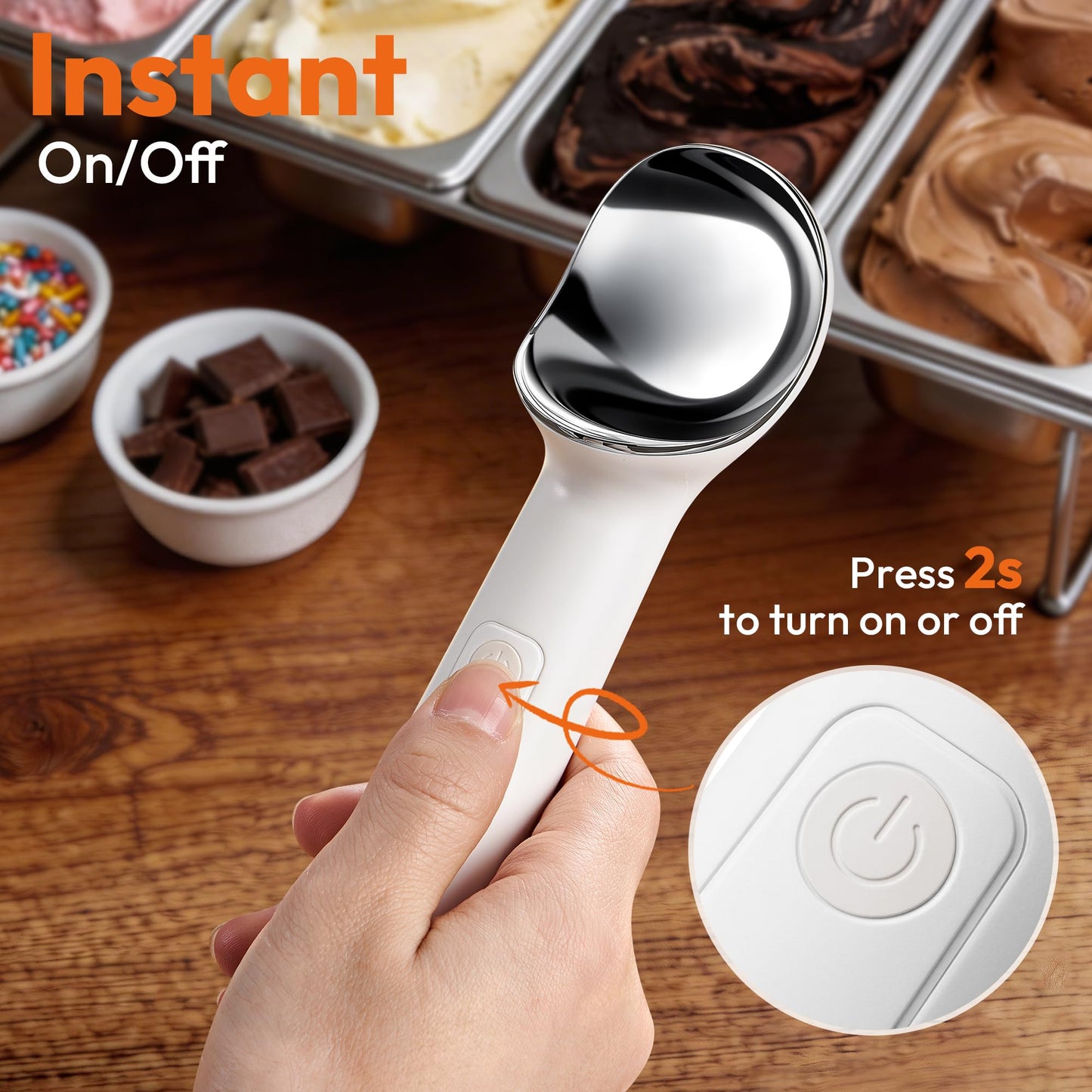 SMARTAKE Heated Ice Cream Scoop, Self Warming to 158°F for Hard Ice Cream, Rechargeable Electric Ice Cream Scoop with On/Off Button, Heat-Proof Shell, 2oz Large Spoon, LED Display, 2600mAh, White