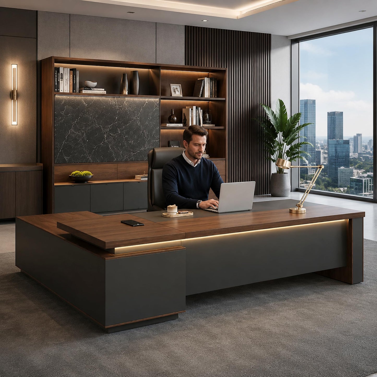 Nuipesn 71-Inch Reversible L-Shaped Executive Desk with Power Outlet & LED Lighting, Large Modern Office Desk with Drawers & Storage Shelves for Home & Office, Red Walnut & Iron Gray