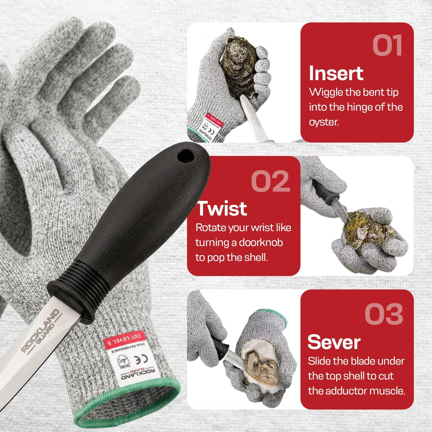 Rockland Guard Professional Oyster Shucking Kit - 3.5” Heavy Duty Stainless Steel Oyster Shucking Knife and Level 5 Cut Resistant Gloves, Clam Opener Shucker and Seafood Tool Gift Set, Extra Large
