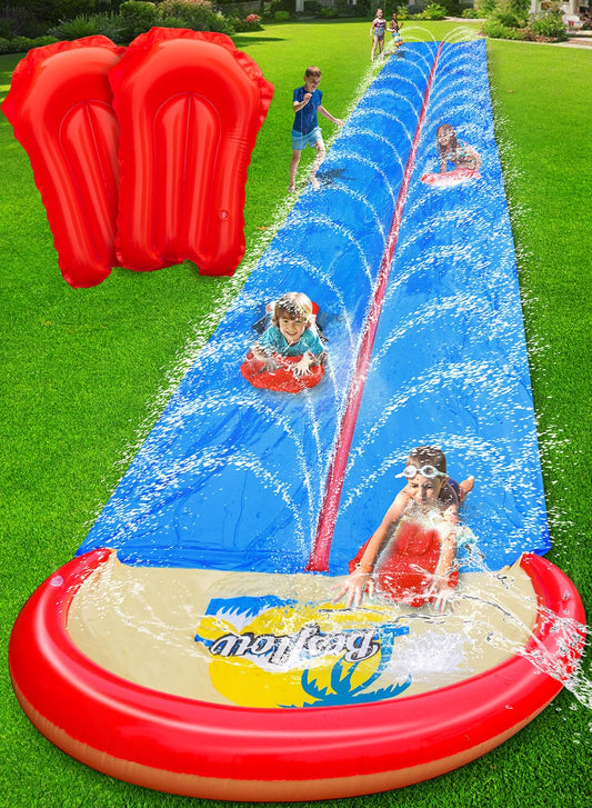 Slip and Water Slide for Kids and Adults Extra Long Lawn Water Slides Backyard Heavy Duty with Two Inflatable Bodyboards and Double Lane Water Toys Summer