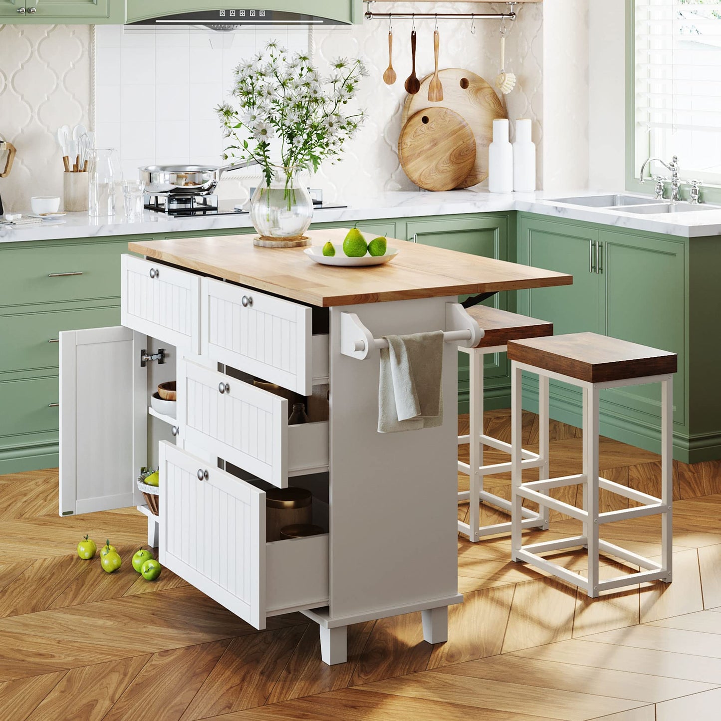 Bellemave 3 Piece Kitchen Bar Table Set Kitchen Island Set with 2 Stools and Drop Leaf, Island Table Set with Seating, Storage Cabinet, Drawers and Towel Rack (White+Rustic Brown)