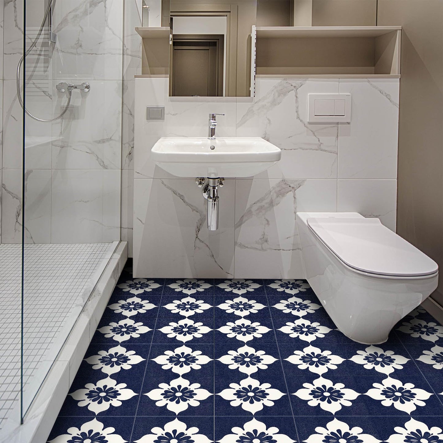 IVN 10PCS 12x12 Inch Navy Floral Pattern Peel and Stick Floor Tiles Removable Self Adhesive Vinyl Flooring Stickers for Bathroom Kitchen Balcony Decor