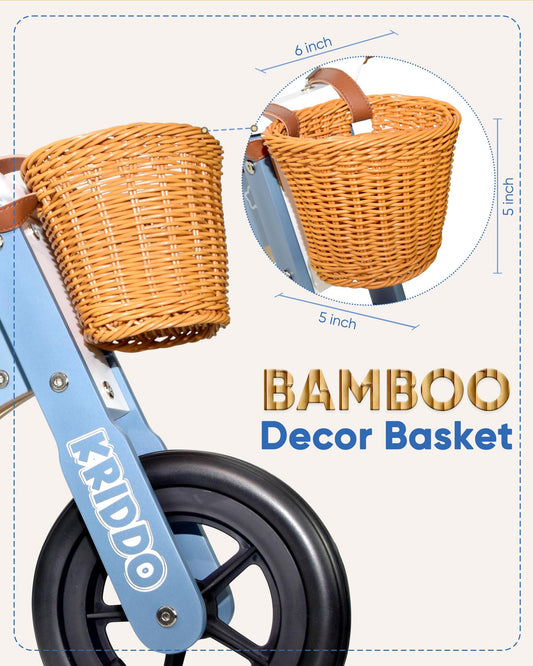 KRIDDO 2 in 1 Wooden Kids Tricycle and Balance Bike with Pattern for 1-4 Years Old, No-Pedal Tricycle and Toddler Balance Bike with Basket and Adjustable Seat, Ideal for Outdoor and Indoor, Blue