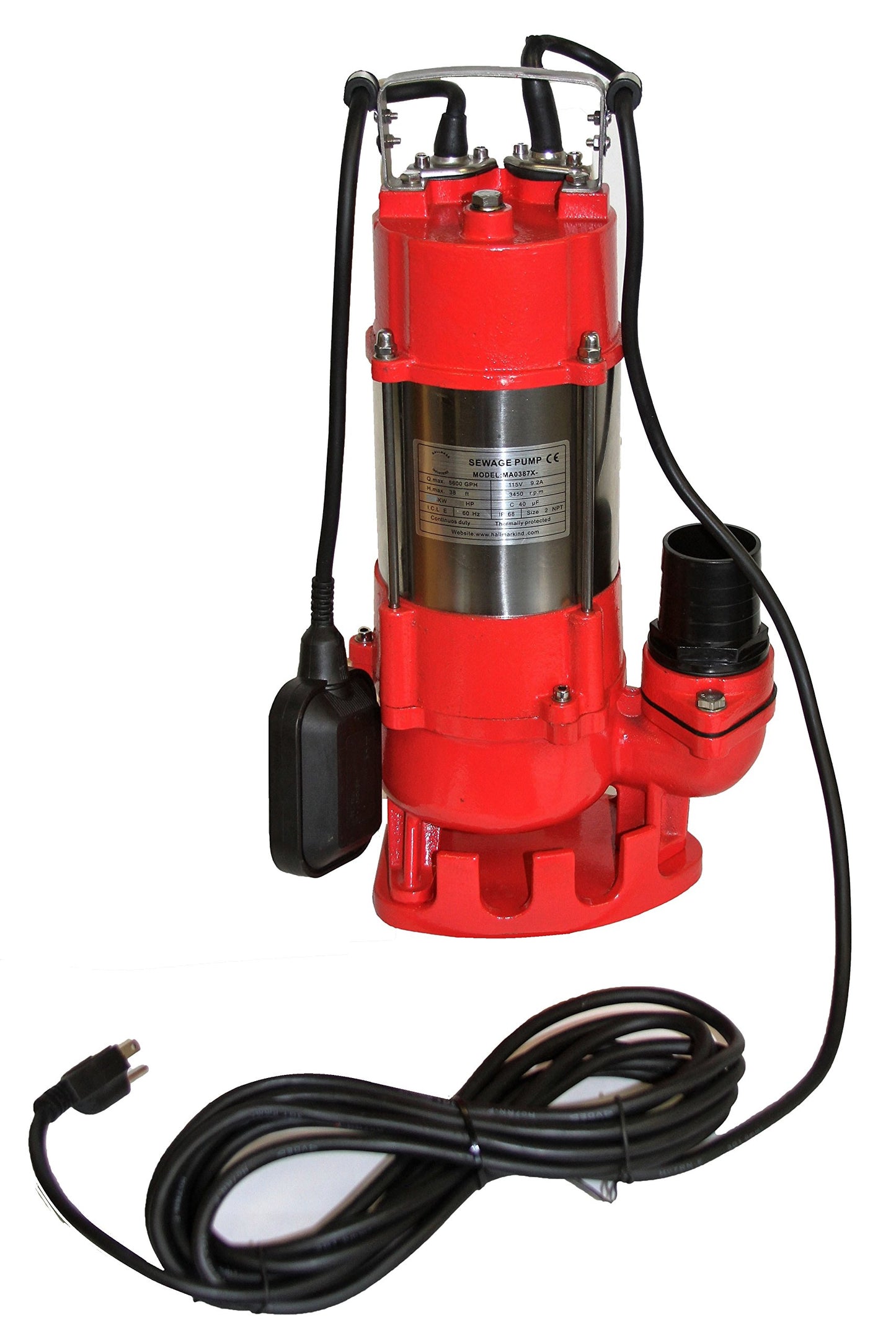 Sewage Pump, S.S, 3/4HP, 230V, 38' head, 5600gph. 20' Cable, Heavy Duty