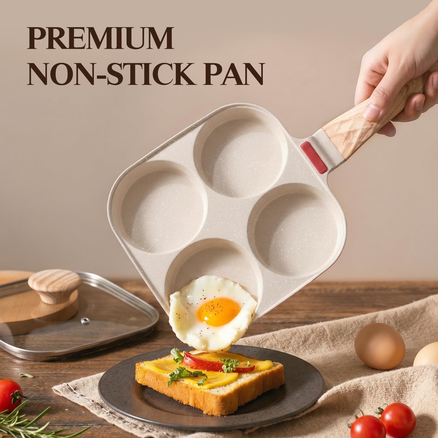Foorey Home Egg Pan 4 Cup Nonstick Frying Omelette Pan with Lid for Breakfast Skillet for Eggs Pancake with 1 Spatula 1 Brush White
