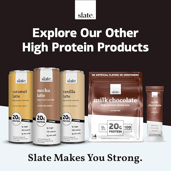 Slate Milk - High Protein Milk Shake - Classic Chocolate - Lactose Free, 20g Protein, 1g Sugar, 100 Calories, 2g Net Carbs, No Added Sugar - Natural, Breakfast Boost, Post Workout - 11 fl oz, 12 Cans