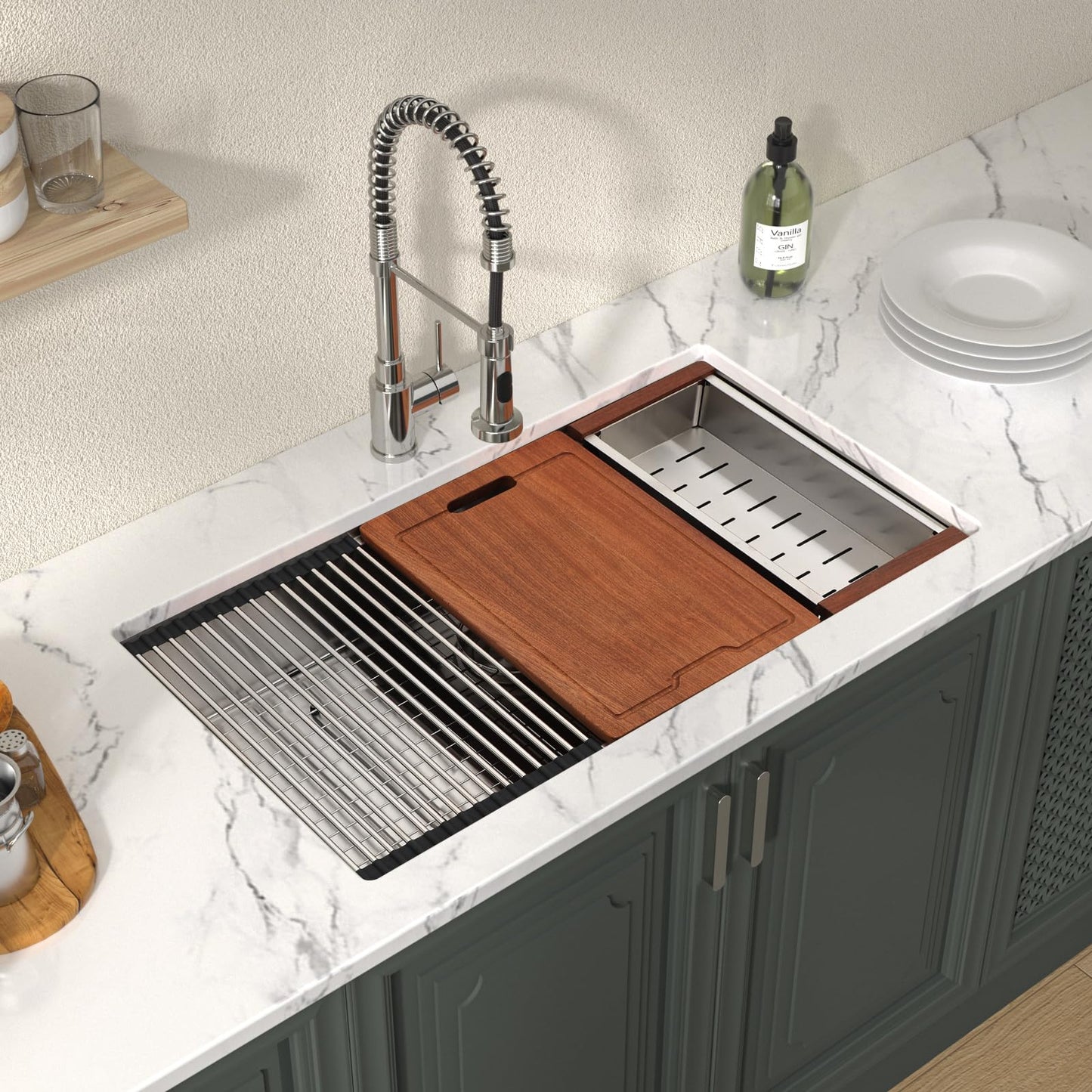 Lordear 33 Undermount Kitchen Sink 33" x 19" Stainless Steel Sinks 16 Gauge Single Bowl Ledge Workstation Handmade Under Counter Kitchen Sink Basin with Built-In Accessories