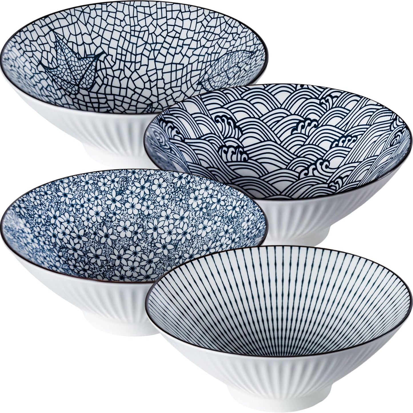 Dyware 38 oz Japanese Ramen Bowls Set of 4, Large Pho Bowls, 8 Inch Ceramic Blue and White Soup Bowls, Mixing Pattern