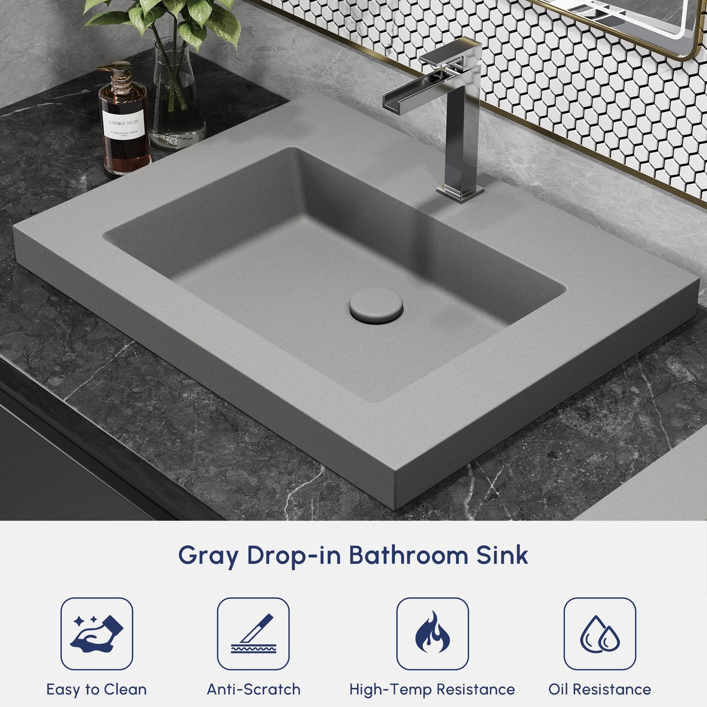 Weibath Semi Recessed Bathroom Sink, 23.4 Inch Rectangular Bathroom Vessel Sink, Drop-In Countertop Basin with Single Faucet Hole, Center Drain Assembly for Modern Vanity Cabinet, Gray