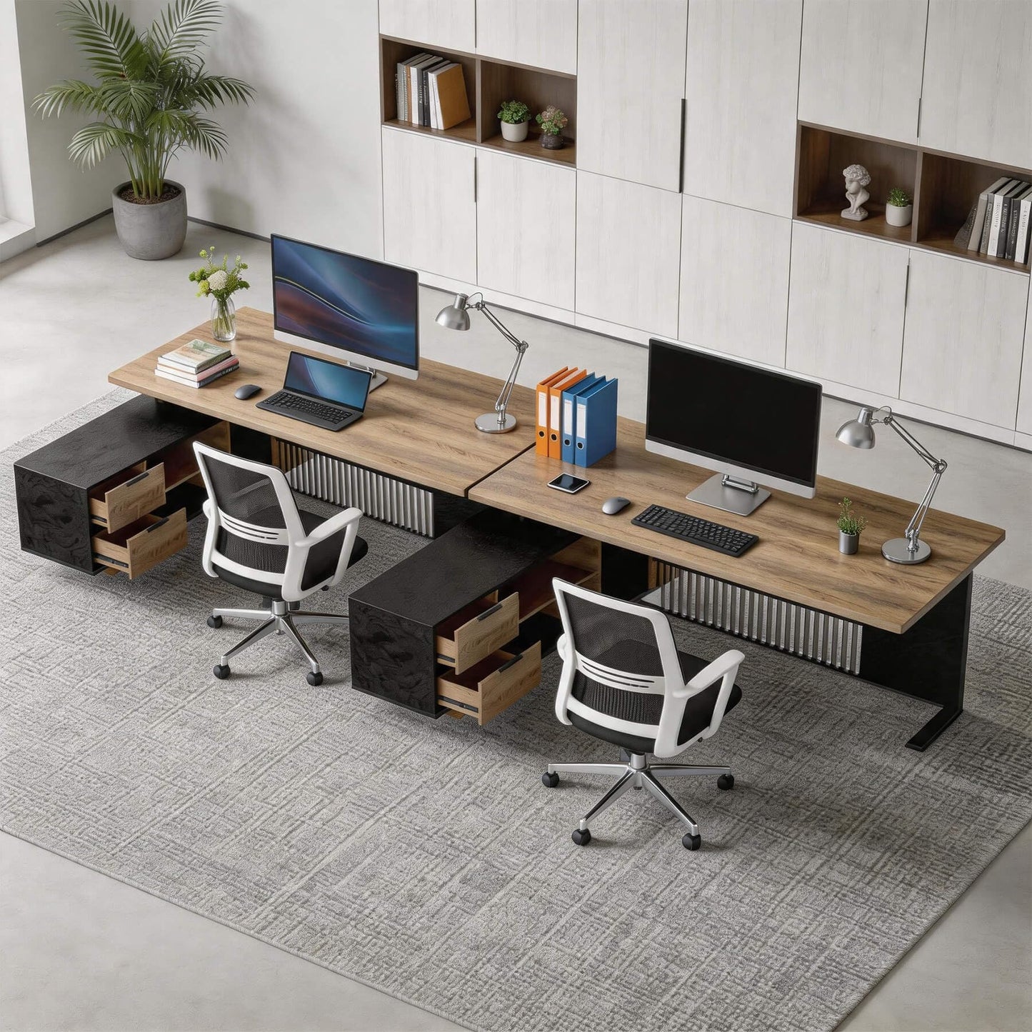 70.86 Inch Large Executive Desk with Drawers Cabinet, L Shaped Office Desk, Computer Desk with Universal Charging Ports and Cable Management for Business Furniture Set Workstation for Home Office