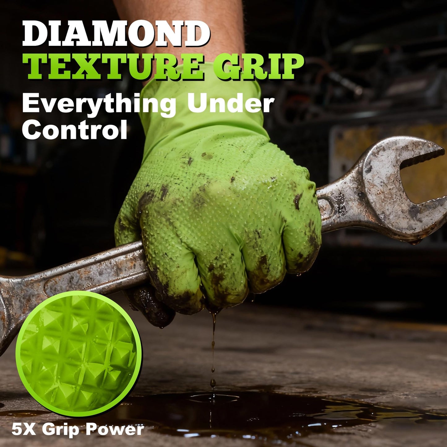 TitanFlex Heavy Duty Green Industrial Nitrile Gloves, 8-mil, Large, Case of 1000, Latex Free, Raised Diamond Texture Grip, Powder Free, Food Safe, Rubber Gloves, Mechanic Gloves