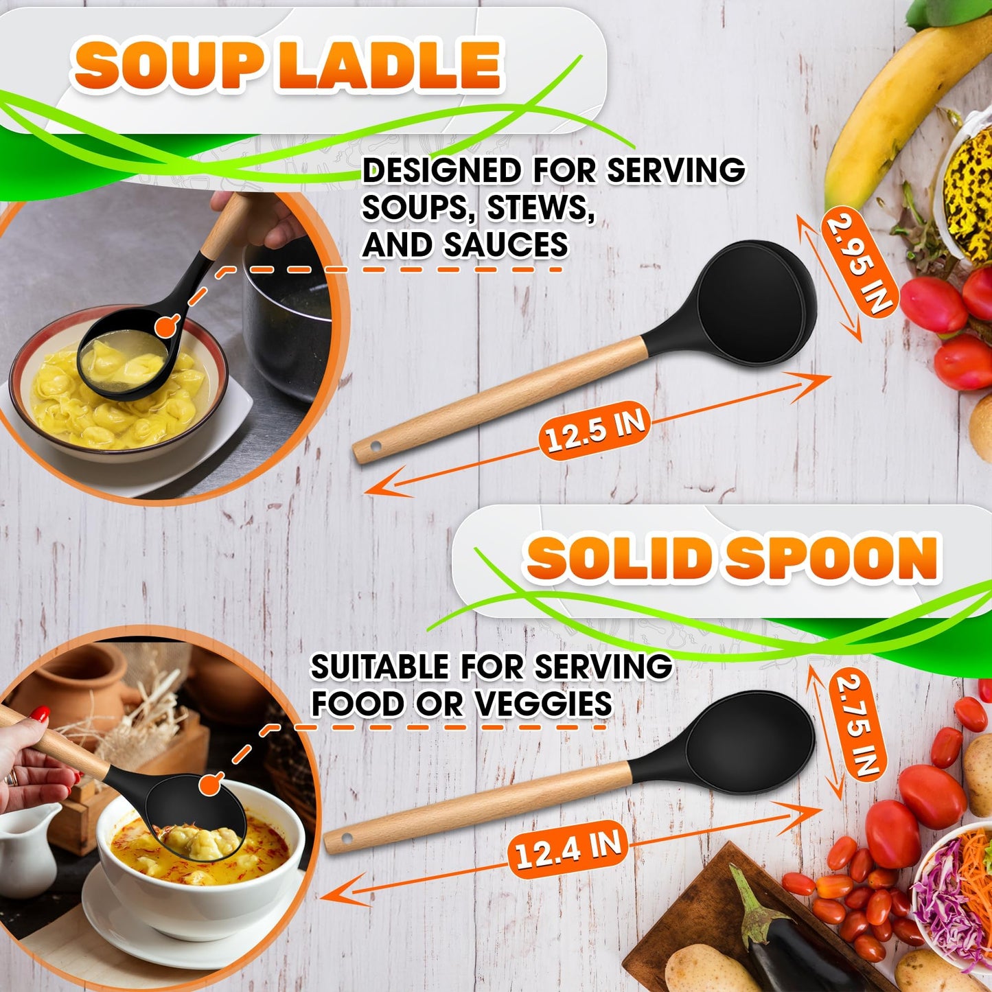 14 PCs Black Silicone Cooking Utensils Set with Holder - Versatile Kitchen Utensils with Sturdy Wooden Handles - Heat Resistance Silicone Kitchen Utensil Set with Holder for All Cooking & Baking Needs