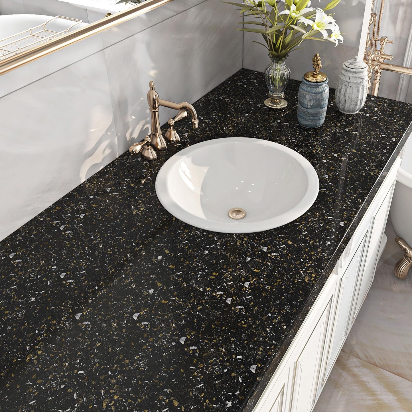 Livelynine Black and Gold Granite Contact Paper for Countertops Waterproof Counter Top Covers Renter Friendly Countertop Peel and Stick Wallpaper Kitchen Vinyl Wrap Bathroom Sink Table Desk 15.8x78.8