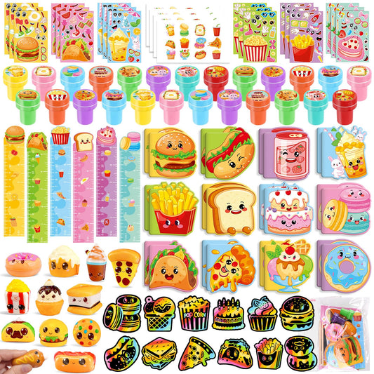 BenLouis 168 Pcs Fast Food Party Favors Snacks School Stationery Bulk for Kids Classroom Donut Birthday Gift Candy Goodie Bag Fillers Pizza Food Drink Decor Pinata Prize Activity Supplies