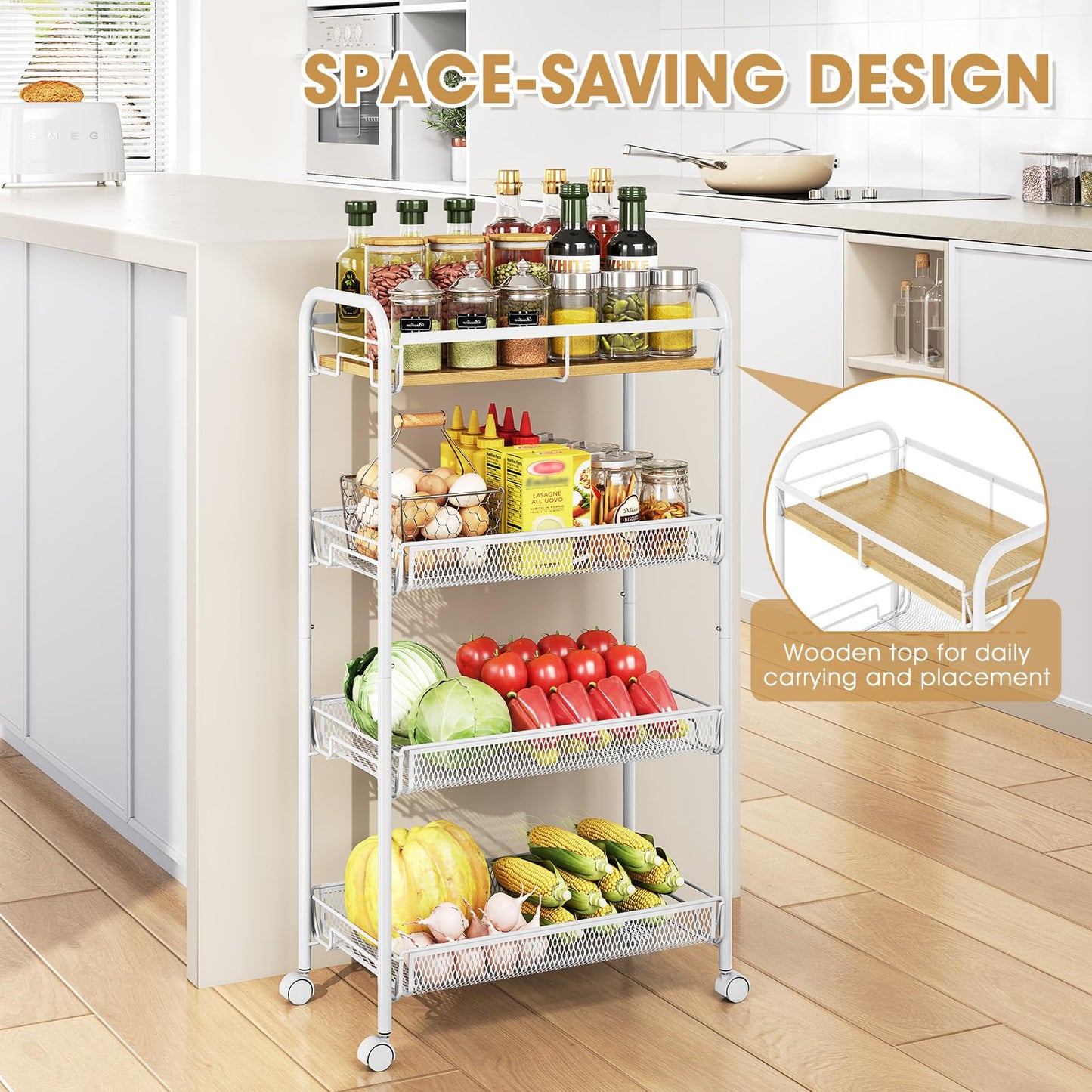 TOOLF 4-Tier Rolling Cart, Metal Utility Cart, Slide Out Storage Cart with Wooden Tabletop and Mesh Baskets, Easy Assemble Trolley for Kitchen Bathroom Laundry Room Bedroom Apartments Dormitory