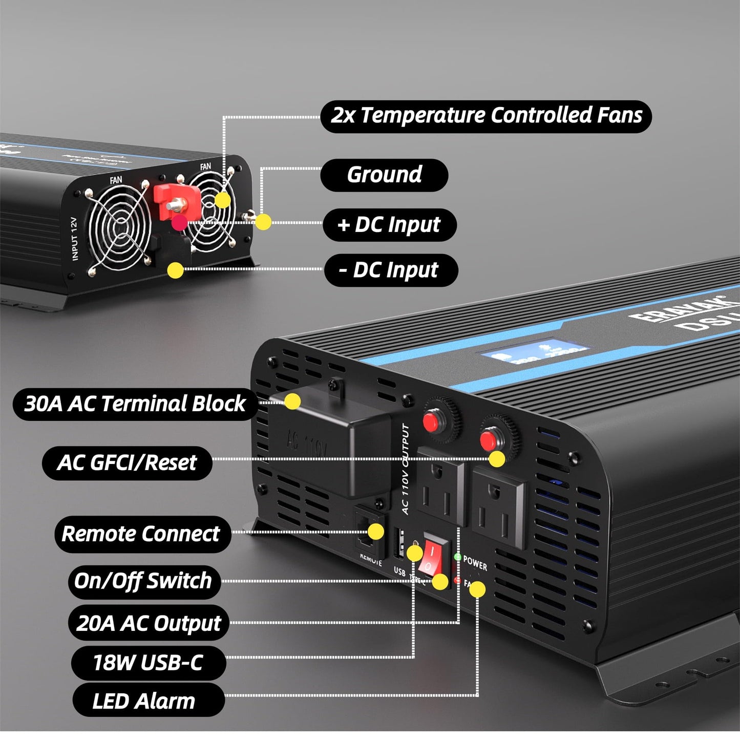 Erayak 2000W Pure Sine Wave Power Inverter 12V DC to 110V 120V AC Converter for Home, RV, Truck, Off-Grid Solar with 18W USB-C, Fast Charger, LCD Monitor, 6m Remote Controller