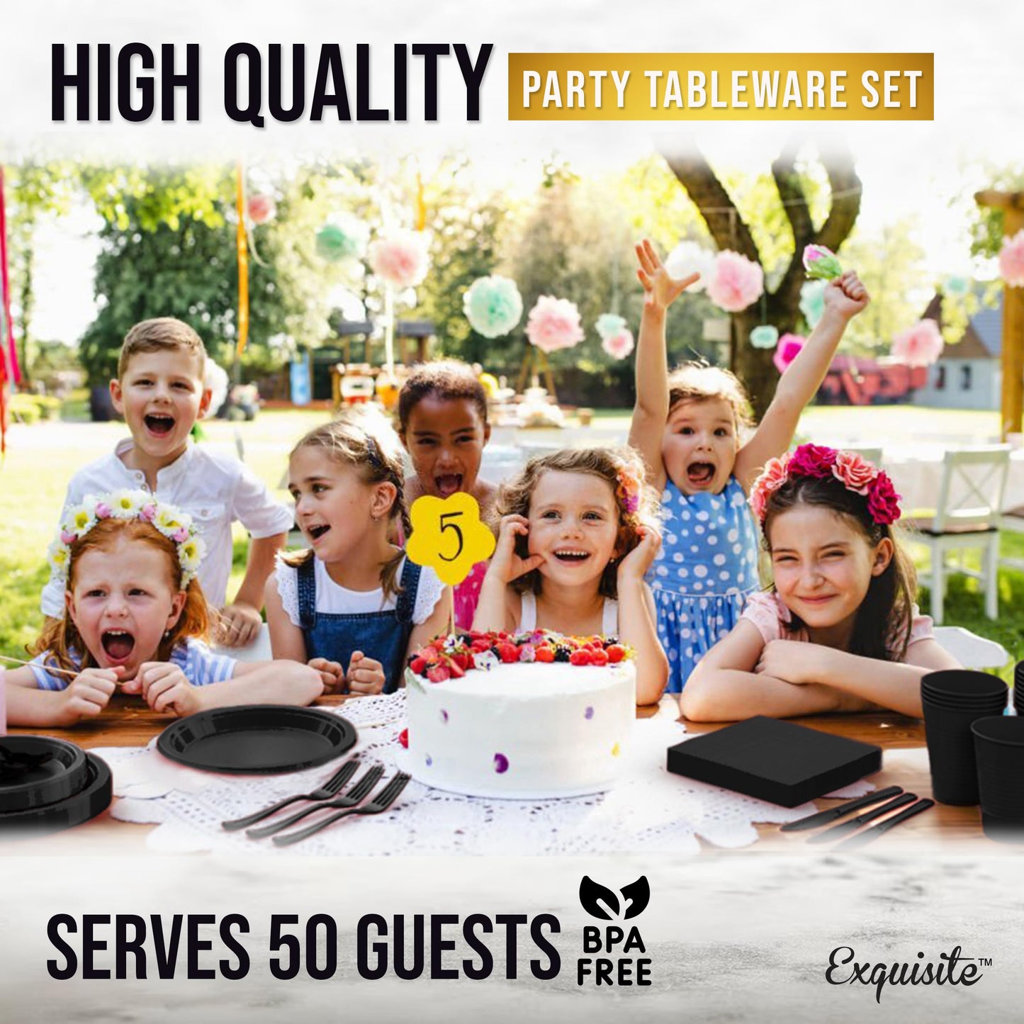 350 Pcs Black Plastic Plates For Party, Black Disposable Plates Set, 50 Of Each 9" Dinner Plate Set, 7" Dessert Plate, Cups, Napkins & Cutlery Plastic Dinnerware Set Exquisite