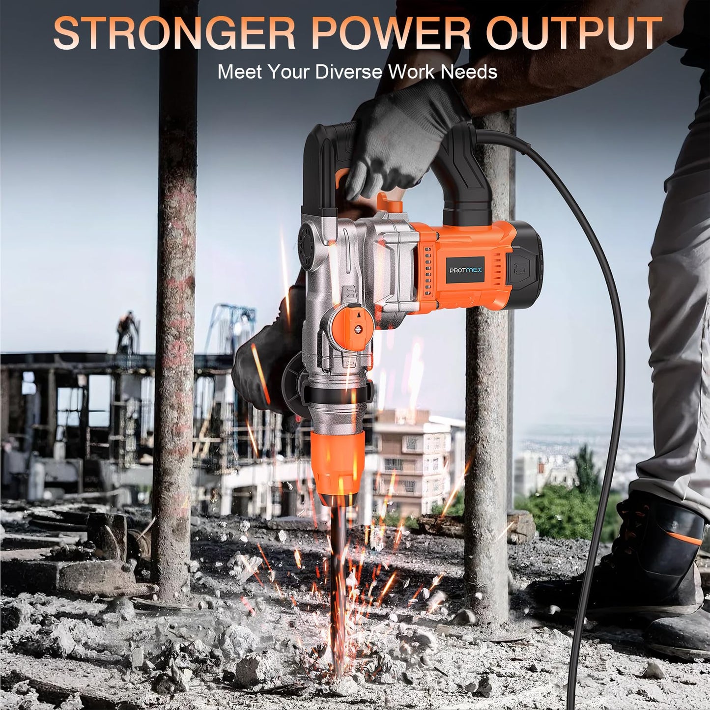 1-1/4 Inch SDS-Plus 13 Amp Heavy Duty Rotary Hammer Drill with Safety Clutch 3 Functions, Vibration Control, for Floor Tile Removal, Concrete Breaker, Including Grease, Chisels & Drill Bits