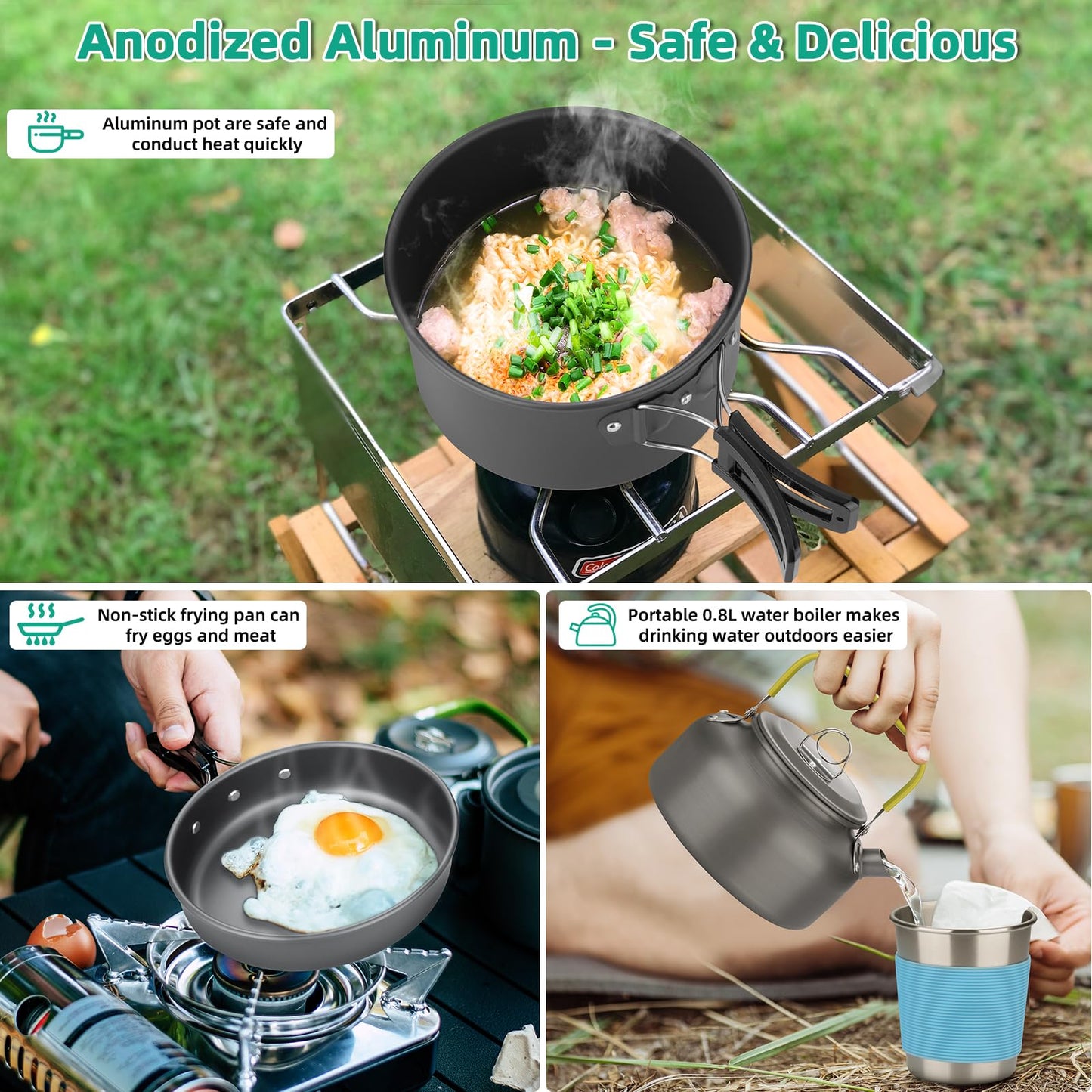 17pcs Camping Cookware Kit, Aluminum Non-Stick Pot, Pan and Kettle Set with 2 Set Stainless Steel Cups Plates Forks Knives Spoons for Backpacking and Hiking Camping