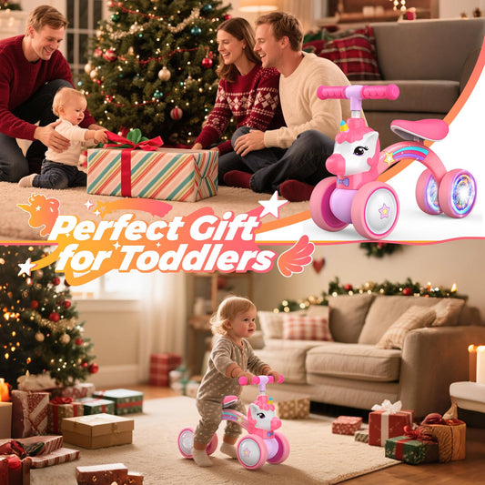Unicorn Baby Balance Bike Ride on Toys for 1 2 Year Old, Toddler Bike, Birthday Gifts for 1 2 Year Old Girls, Colorful Lighting Silent Wheels, No Pedal, Safe Baby First Bike & Birthday Gift