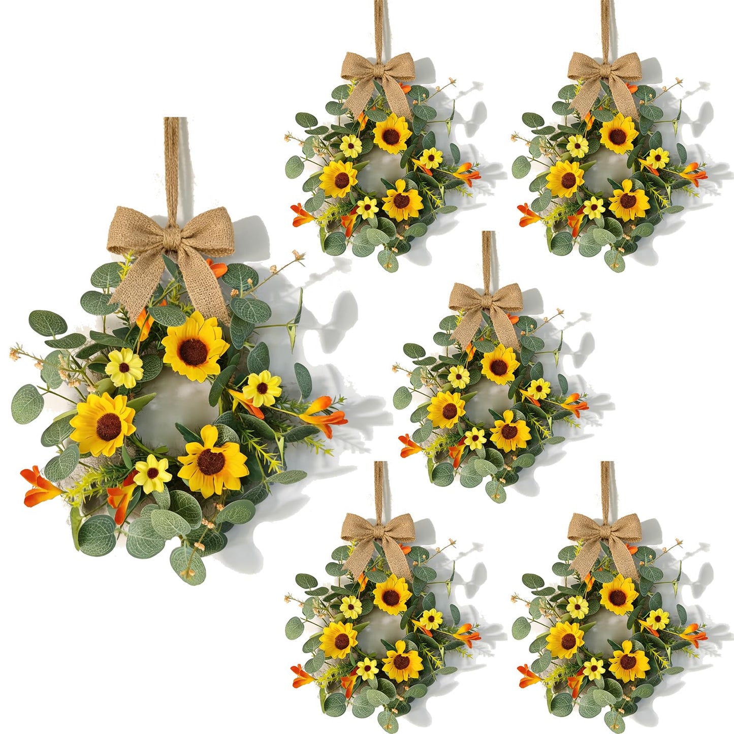 6 Pcs Summer Sunflower Mini Hanging Wreaths for Cabinets Artificial Small Candle Ring Wreaths with Daisy Flower and Eucalyptus Leaves for Home Kitchen Front Door Window Farmhouse Porch Wall Decor