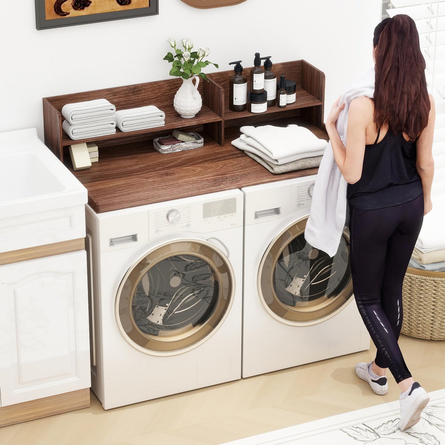 Laundry Topper For Washer And Dryer, Large Laundry Countertop Cover With Non-Slip Pads , 2 Tier Wooden Washer Dryer Topper For Folding Clothes, Laundry Countertop Over Washer And Dryers,Walnut