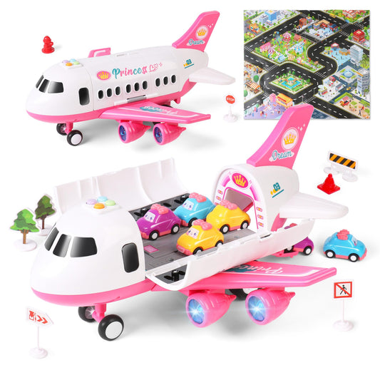 Dwi Dowellin Pink Airplane Toy with 6 Truck Cars and Play Mat,Plane with Lights and Sounds for 3 4 5 6 7 Years Old Toddlers Boys and Girls