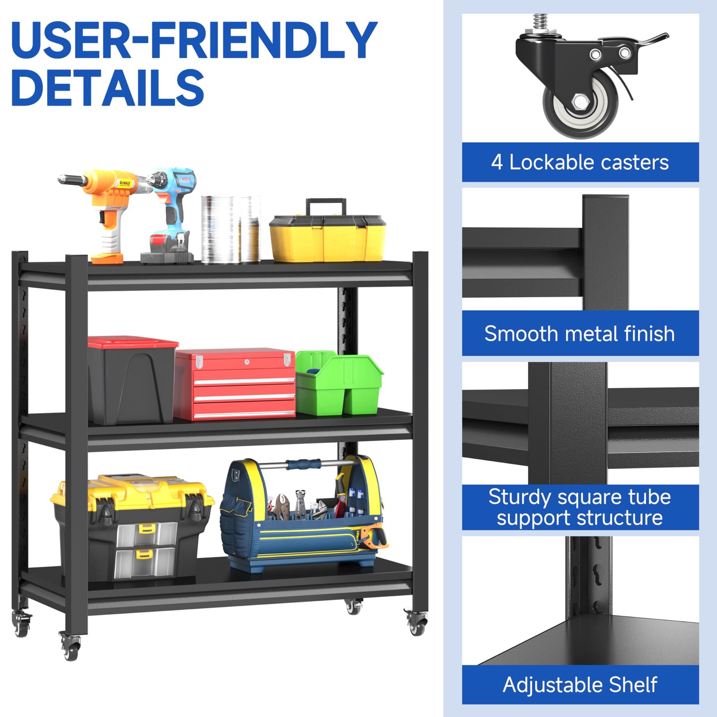 3 Tier Adjustable Garage Storage Shelving,Heavy Duty Utility Rack Shelf Unit on 4 Wheel Casters,Standing shelves for Garage, Home, Pantry,Kitchen,Warehouse,Bathroom & Laundry,Storage Rack - Black