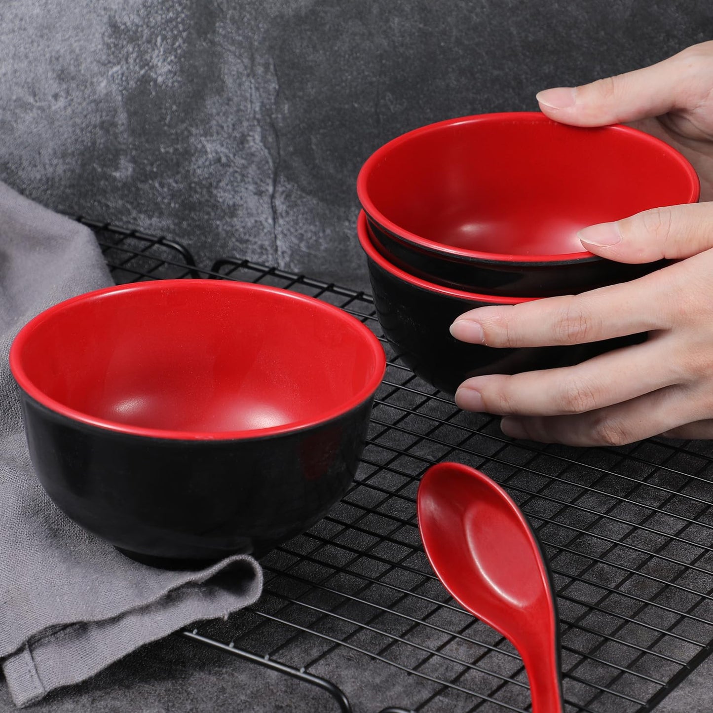 Nodaaiie 10 Pack Miso Soup Bowl Set with Spoons, 16 Oz Unbreakable Melamine Japanese Ramen Bowls, BPA-Free, Dishwasher Safe, for Udon, Pho, Salad, and Cereal