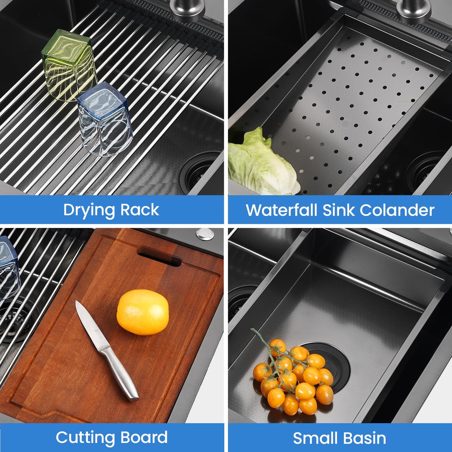 Kunoqi 33x22 Inch Kitchen Sink with Waterfall Faucet Combo, Nano PVD Black 16 Gauge Stainless Steel Workstation, Scratch Resistant Single Bowl Drop-In Sink, Multifunctional Handmade Design