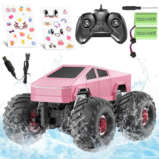 iDrone Remote Control Car Cyber RC Truck Toy, 1:16 2.4GHz 4WD Off-Road Amphibious Waterproof Monster Truck for All Terrain, Kids Birthday Gifts for Boys Girls Age 6 7 8 9 10 11 12 Year Olds (Pink)