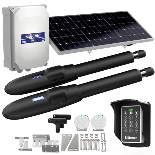 Blütezeit MS650 Solar Swing Gate Opener + Wireless Keypad Bundle – 1760 lb Dual-Arm Operator with Built-in 24 V Battery, 25W Solar Panel & IP54 Keypad