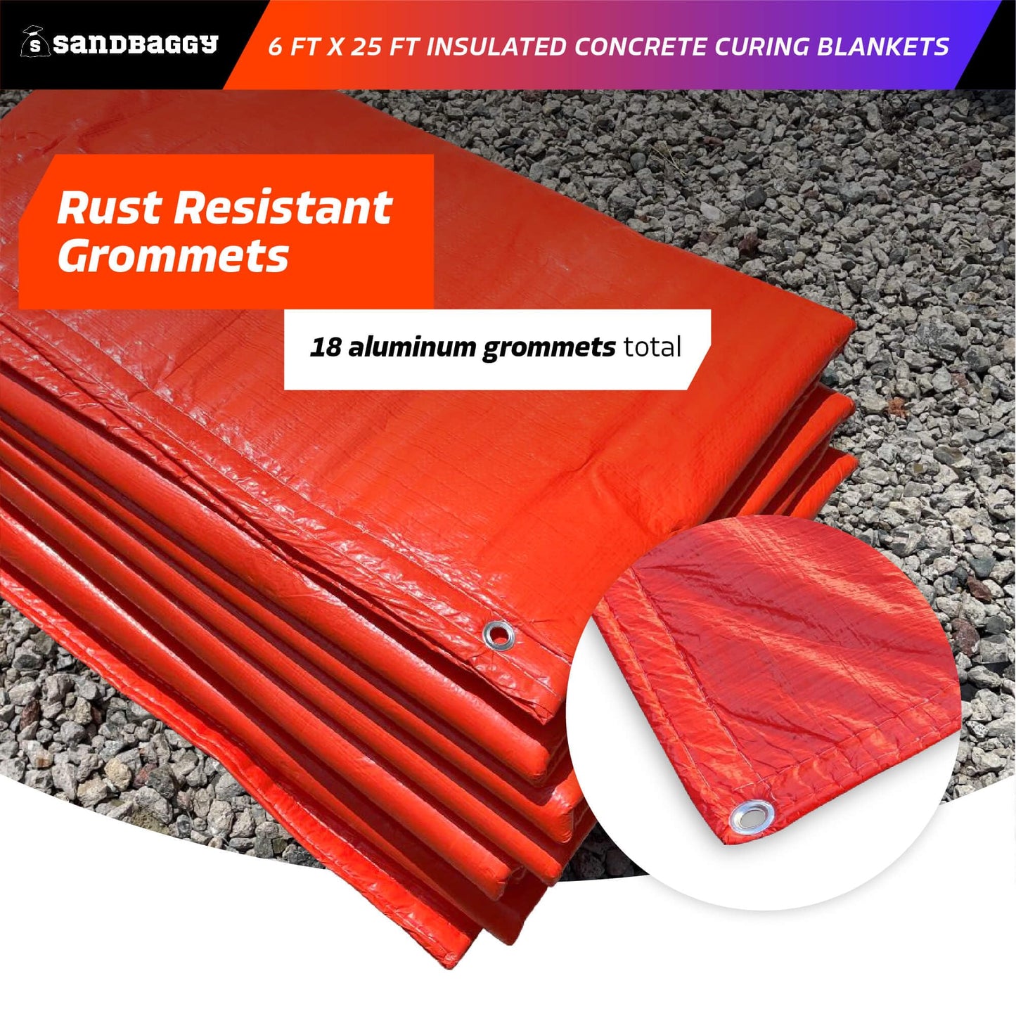 Sandbaggy Concrete Blankets Insulated 6 ft x25 ft with Grommets (max R-Value 3.35) - Waterproof, UV Resistant - Concrete Curing Tarp, Cement (5, 6 ft x 25 ft)
