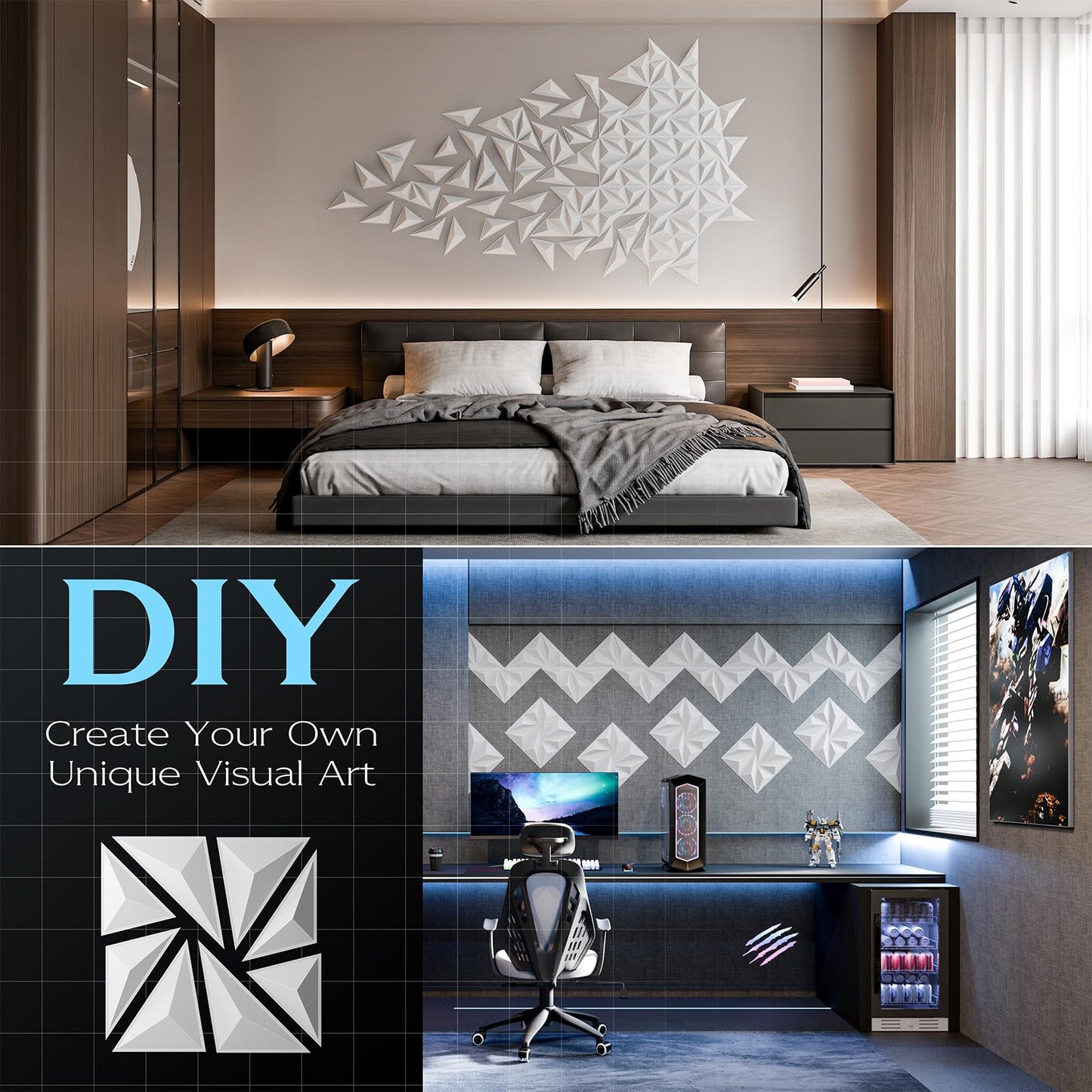 48-Pack 3D Wall Panels, 94" x 70" Textured Geometric Design Wall Tiles, PVC Decorative Wall Panels for Living Room, Bedroom, Bathroom, Office, Modern Wall Decor, Easy Install & Paintable - White